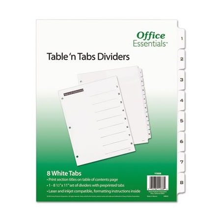 Office Ess, TABLE 'N TABS DIVIDERS, 8-TAB, 1 TO 8, 11 X 8.5, WHITE